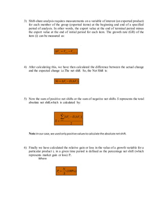 3) Shift-share analysis requires measurements on a variable of interest (an exported product)
for each member of the group (exported items) at the beginning and end of a specified
period of analysis. In other words, the export value at the end of terminal period minus
the export value at the end of initial period for each item. The growth rate (GR) of the
item (i) can be measured as:
4) After calculating this, we have then calculated the difference between the actual change
and the expected change i.e.The net shift. So, the Net Shift is:
5) Now the sum of positive net shifts or the sum of negative net shifts S represents the total
absolute net shift,which is calculated by:
Note:Inour case,we usedonlypositive valuesto calculate the absolute netshift.
6) Finally we have calculated the relative gain or loss in the value of a growth variable for a
particular product i, in a given time period is defined as the percentage net shift (which
represents market gain or loss) Pi
Where
ztitii VVV  ,,
)( ii VEVNi 
2
)(
1



n
i
ii VEV
S
%)100(
S
N
P i
i 
 