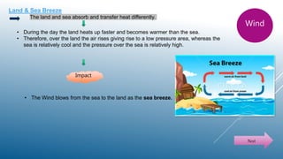 Land & Sea Breeze
The land and sea absorb and transfer heat differently.
• During the day the land heats up faster and becomes warmer than the sea.
• Therefore, over the land the air rises giving rise to a low pressure area, whereas the
sea is relatively cool and the pressure over the sea is relatively high.
Impact
• The Wind blows from the sea to the land as the sea breeze.
Wind
Next
 