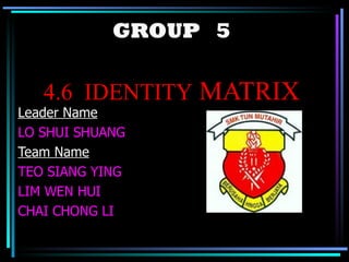 GROUP  5 4.6  IDENTITY  MATRIX Leader Name   LO SHUI SHUANG Team Name TEO SIANG YING LIM WEN HUI CHAI CHONG LI 