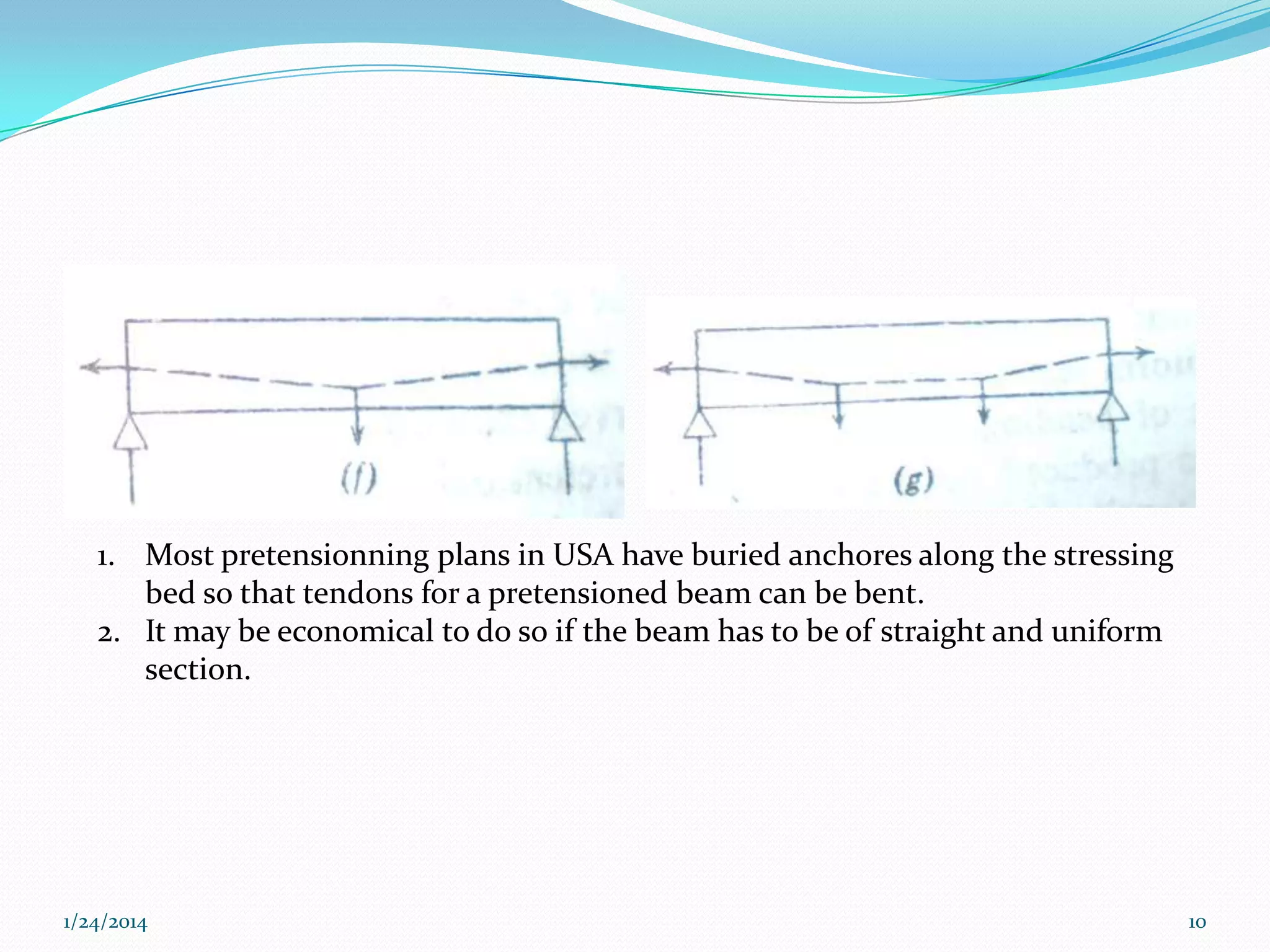 1. Most pretensionning plans in USA have buried anchores along the stressing
bed so that tendons for a pretensioned beam can be bent.
2. It may be economical to do so if the beam has to be of straight and uniform
section.

1/24/2014

10

 