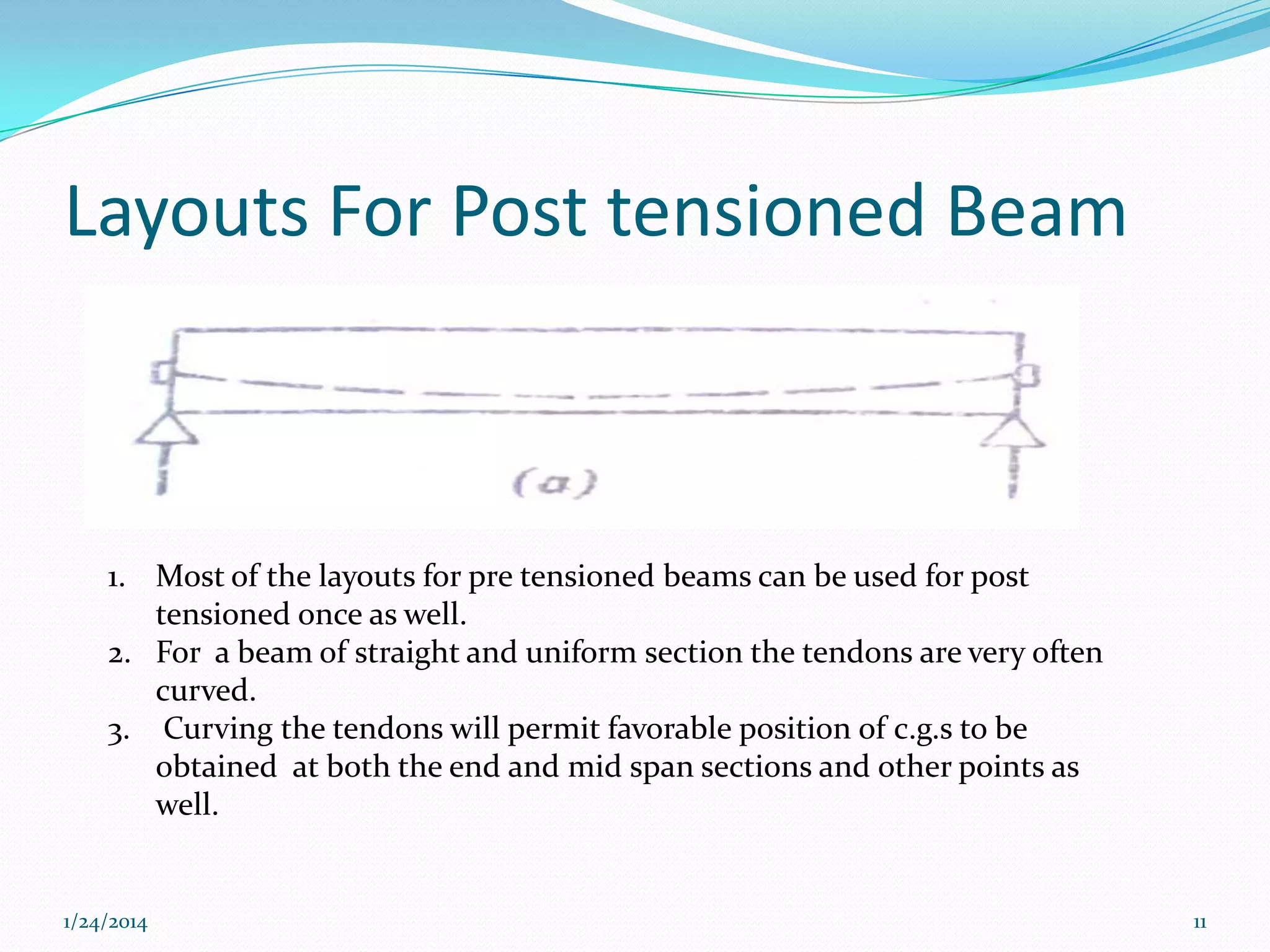 Layouts For Post tensioned Beam

1. Most of the layouts for pre tensioned beams can be used for post
tensioned once as well.
2. For a beam of straight and uniform section the tendons are very often
curved.
3. Curving the tendons will permit favorable position of c.g.s to be
obtained at both the end and mid span sections and other points as
well.

1/24/2014

11

 