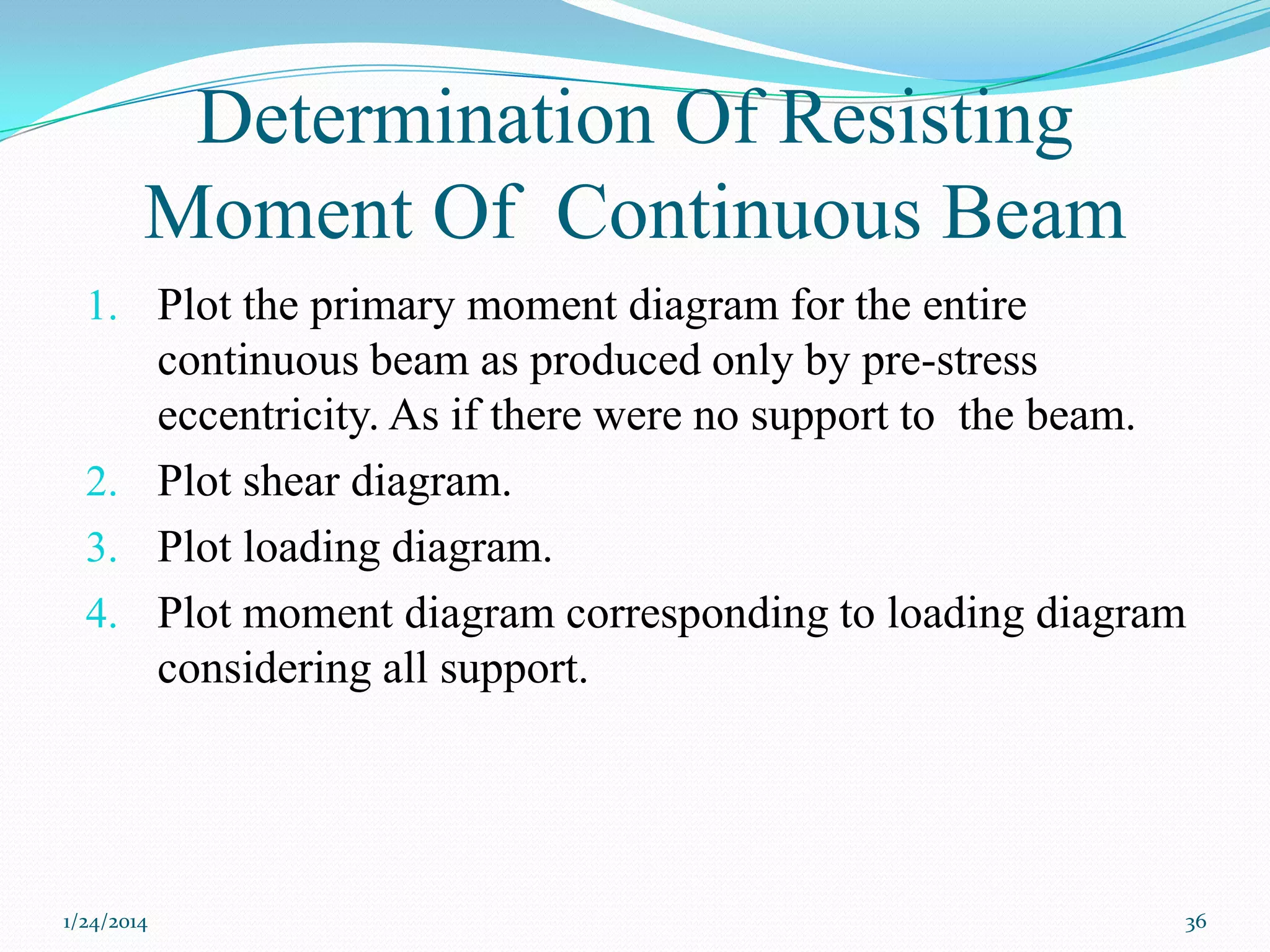 Determination Of Resisting
Moment Of Continuous Beam
1. Plot the primary moment diagram for the entire

continuous beam as produced only by pre-stress
eccentricity. As if there were no support to the beam.
2. Plot shear diagram.
3. Plot loading diagram.
4. Plot moment diagram corresponding to loading diagram
considering all support.

1/24/2014

36

 