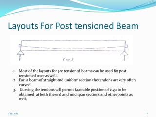 Layouts For Post tensioned Beam

1. Most of the layouts for pre tensioned beams can be used for post
tensioned once as well.
2. For a beam of straight and uniform section the tendons are very often
curved.
3. Curving the tendons will permit favorable position of c.g.s to be
obtained at both the end and mid span sections and other points as
well.

1/24/2014

11

 