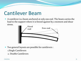 Cantilever Beam
 A cantilever is a beam anchored at only one end. The beam carries the

load to the support where it is forced against by a moment and shear
stress.

 Two general layouts are possible for cantilevers :

1.Single Cantilevers
2. Double Cantilevers
1/24/2014

15

 