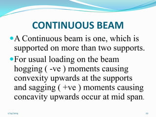 CONTINUOUS BEAM
A Continuous beam is one, which is
supported on more than two supports.
For usual loading on the beam

hogging ( -ve ) moments causing
convexity upwards at the supports
and sagging ( +ve ) moments causing
concavity upwards occur at mid span.
1/24/2014

22

 