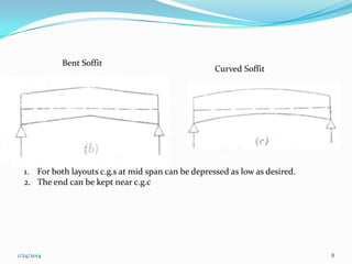 Bent Soffit

Curved Soffit

1. For both layouts c.g.s at mid span can be depressed as low as desired.
2. The end can be kept near c.g.c

1/24/2014

8

 