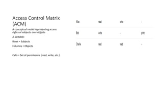 Access Control Matrix
(ACM)
A conceptual model representing access
rights of subjects over objects
A 2D table:
Rows = Subjects
Columns = Objects
Cells = Set of permissions (read, write, etc.)
 