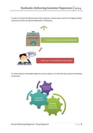 Starbucks: Delivering Customer Experience 2014
Services Marketing Management – Group Assignment P a g e 4
In order to increase the lifetime value of the customers, convert every customer into highly satisfied
customers and then into Brand Ambassadors or Advocates:
To create pleasant memorable experience and to reduce or to eliminate pain points the following
can be done:
Reducing or eliminating their pain points
Creating pleasant memorable experience
Building
Emotional
Relationship
Employee
Engagement
Assault all
5 senses
 