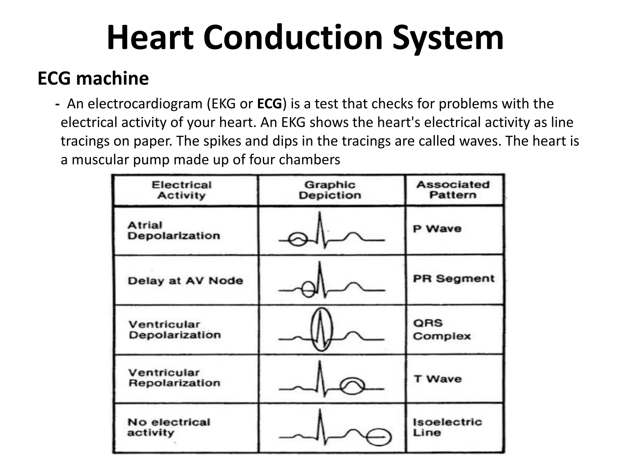 Heart Conduction System
ECG machine
- An electrocardiogram (EKG or ECG) is a test that checks for problems with the
electrical activity of your heart. An EKG shows the heart's electrical activity as line
tracings on paper. The spikes and dips in the tracings are called waves. The heart is
a muscular pump made up of four chambers
 