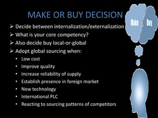 MAKE OR BUY DECISION
 Decide between internalization/externalization
 What is your core competency?
 Also decide buy local-or-global
 Adopt global sourcing when:
  •   Low cost
  •   Improve quality
  •   Increase reliability of supply
  •   Establish presence in foreign market
  •   New technology
  •   International PLC
  •   Reacting to sourcing patterns of competitors
 