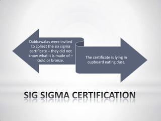 Dabbawalas were invited
to collect the six sigma
certificate – they did not
know what it is made of –
Gold or bronze.
The certificate is lying in
cupboard eating dust.
 