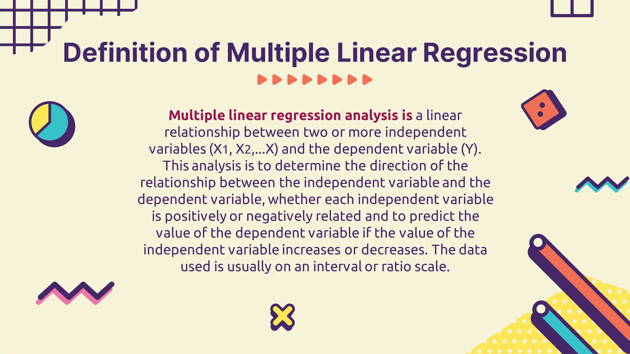 Multiple linear regression analysis is a linear
relationship between two or more independent
variables (X1, X2,...X) and the dependent variable (Y).
This analysis is to determine the direction of the
relationship between the independent variable and the
dependent variable, whether each independent variable
is positively or negatively related and to predict the
value of the dependent variable if the value of the
independent variable increases or decreases. The data
used is usually on an interval or ratio scale.
Definition of Multiple Linear Regression
 