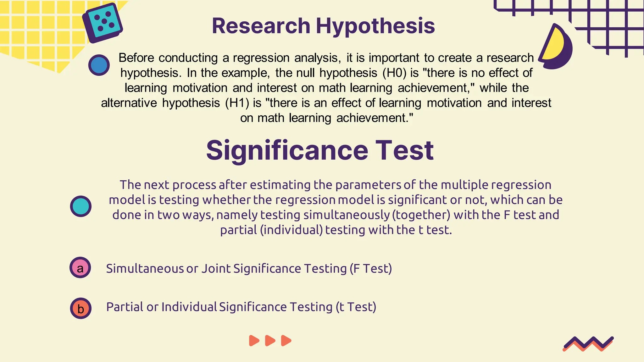 Research Hypothesis
Before conducting a regression analysis, it is important to create a research
hypothesis. In the example, the null hypothesis (H0) is "there is no effect of
learning motivation and interest on math learning achievement," while the
alternative hypothesis (H1) is "there is an effect of learning motivation and interest
on math learning achievement."
The next process after estimating the parameters of the multiple regression
model is testing whether the regressionmodel is significant or not, which can be
done in two ways, namely testing simultaneously(together) with the F test and
partial (individual)testing with the t test.
Simultaneous or Joint Significance Testing (F Test)
a
Partial or Individual Significance Testing (t Test)
b
Significance Test
 