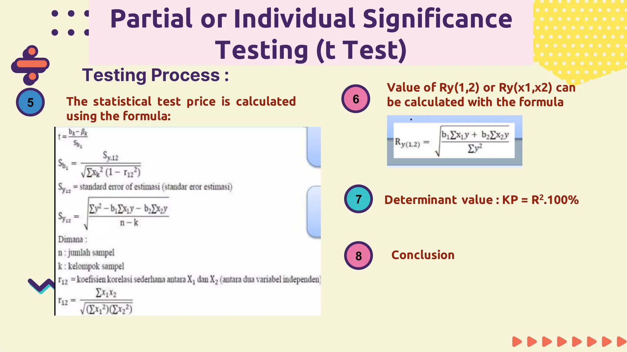 Partial or Individual Significance
Testing (t Test)
Testing Process :
7 Determinant value : KP = R2.100%
Value of Ry(1,2) or Ry(x1,x2) can
be calculated with the formula
6
The statistical test price is calculated
using the formula:
5
Conclusion
8
 
