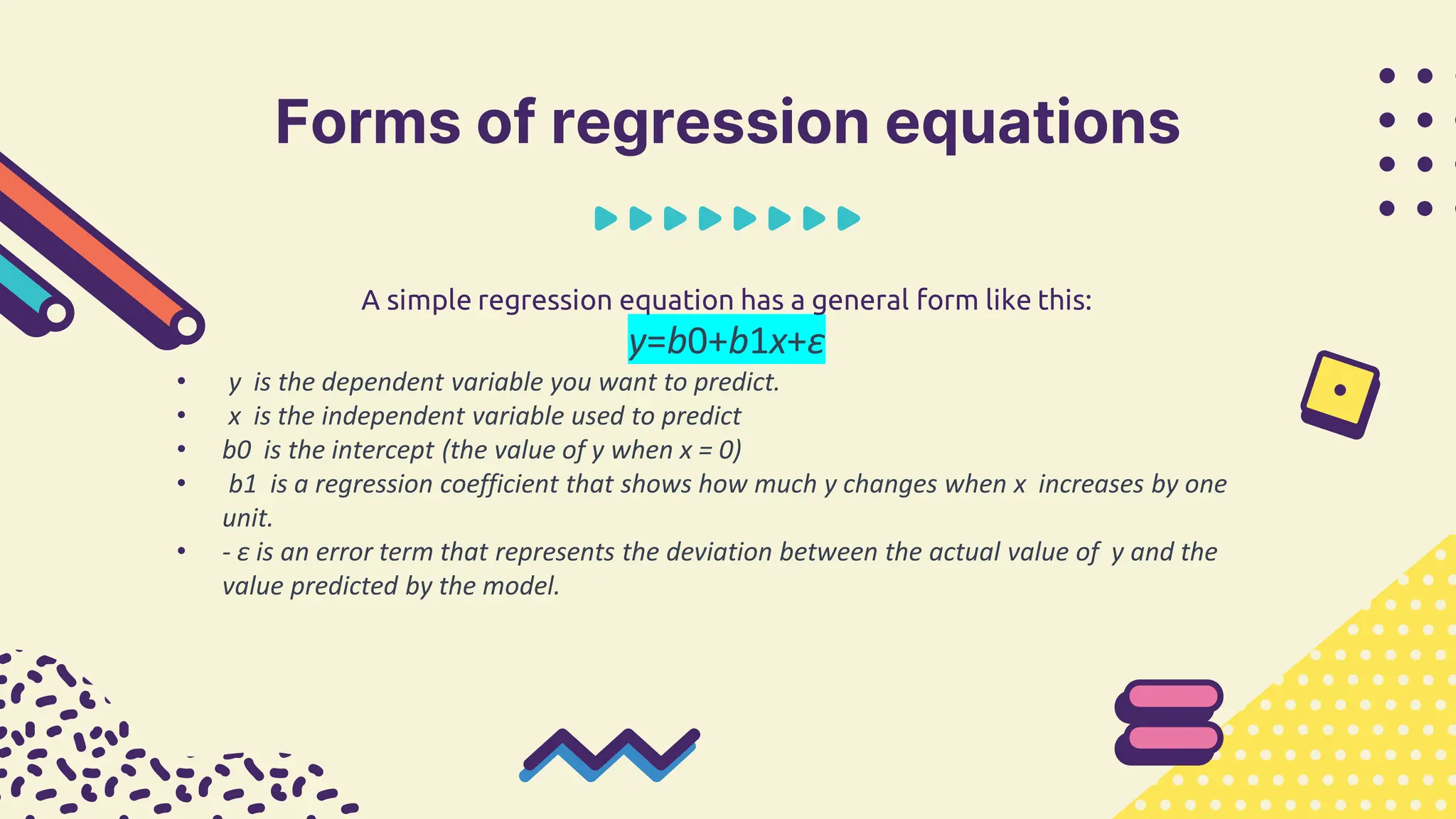 Forms of regression equations
A simple regression equation has a general form like this:
y=b0​+b1​x+ε
• y is the dependent variable you want to predict.
• x is the independent variable used to predict
• b0 is the intercept (the value of y when x = 0)
• b1 is a regression coefficient that shows how much y changes when x increases by one
unit.
• - ε is an error term that represents the deviation between the actual value of y and the
value predicted by the model.
 