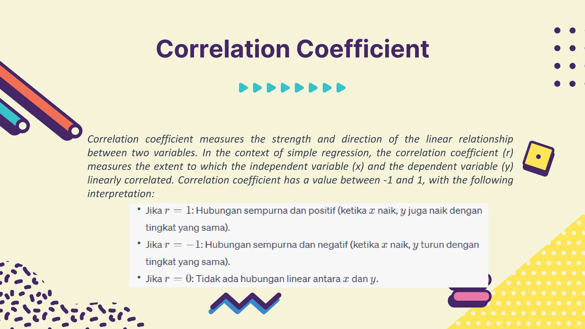 Correlation Coefficient
Correlation coefficient measures the strength and direction of the linear relationship
between two variables. In the context of simple regression, the correlation coefficient (r)
measures the extent to which the independent variable (x) and the dependent variable (y)
linearly correlated. Correlation coefficient has a value between -1 and 1, with the following
interpretation:
 