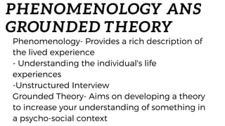 PHENOMENOLOGY ANS
GROUNDED THEORY
Phenomenology- Provides a rich description of
the lived experience
- Understanding the individual's life
experiences
-Unstructured Interview
Grounded Theory- Aims on developing a theory
to increase your understanding of something in
a psycho-social context
 