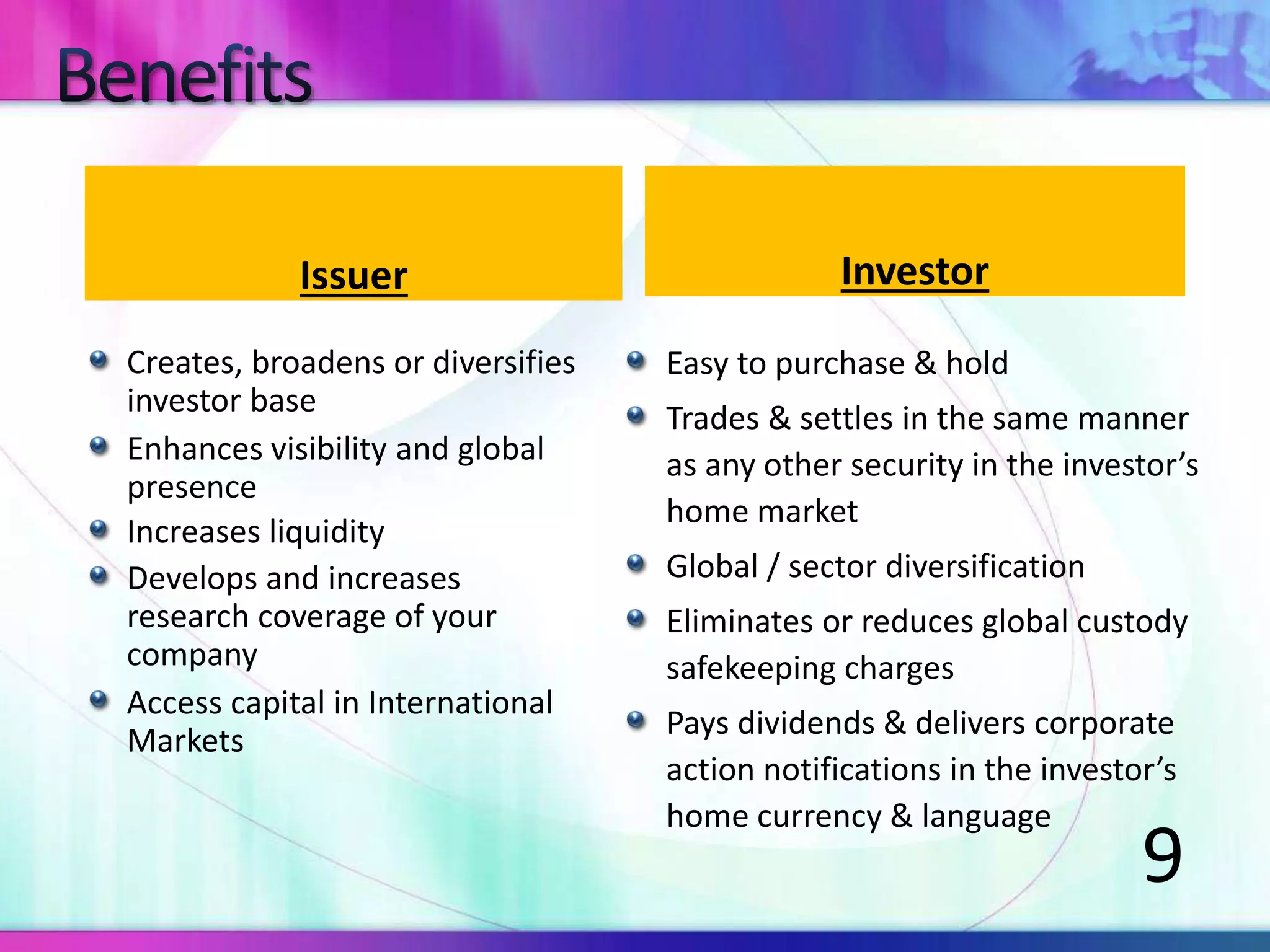 Issuer
Creates, broadens or diversifies
investor base
Enhances visibility and global
presence
Increases liquidity
Develops and increases
research coverage of your
company
Access capital in International
Markets
Investor
Easy to purchase & hold
Trades & settles in the same manner
as any other security in the investor’s
home market
Global / sector diversification
Eliminates or reduces global custody
safekeeping charges
Pays dividends & delivers corporate
action notifications in the investor’s
home currency & language
9
 