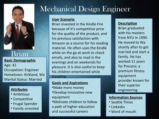Mechanical Design Engineer
                          User Scenario
                          Brian invested in the Kindle Fire          Description
                          because of it’s competitive price          Brian graduated
                          for the quality of the product, and        with his masters
                          his previous satisfaction with             from NYU in 1990.
                          Amazon as a source for his reading         He moved to Wa
                          material. He often uses the Kindle         shortly after to get

   Brian                  while on the go at work to check
                          emails, and also to read in the
                                                                     married and start a
                                                                     family. He has
Basic Demographic         evenings and on weekends for               worked 11 years
Age: 42                   pleasure. It is also useful to keep        for Precore; a
Occupation: Engineer      his children entertained while             premium fitness
Hometown: Kirkland, Wa    traveling.                                 equipment
Marital Status: Married                                              provider known for
                          Goals and Aspirations
                                                                     their superior
                          •Make more money
   Attributes                                                        engineering.
   • Ambitious            •Develop innovative new
   • Competitive          equipment                             Information Sources
   • Frugal Spender       •Motivate children to follow          • Seattle Times
   • Family-oriented      a path of higher education            • Linkedin
                          and successful careers                • Word of mouth
 