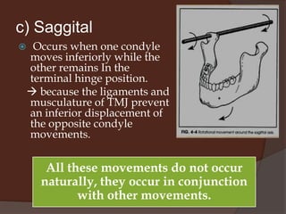 Mandibular movement in horizontal axis is an opening and closing motion.Know as hinge movement (example of mandibular activity In which a pure rotational movement occurs ) a) Horizontal  