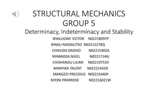 STRUCTURAL MECHANICS
GROUP 5
Determinacy, Indeterminacy and Stability
NYALUGWE VICTOR N02218097P
BINALI MADALITSO N02212278Q
CHIKUDO DADISO N02215402A
NYABADZA NIGEL N02217146J
CHISHANGU LILIAN N02219753V
MANYIKA TALENT N02221442D
MANGEZI PRECIOUS N02215440Y
NYONI PRIMROSE N02216021W
 