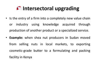 Intersectoral upgrading
• Is the entry of a firm into a completely new value chain
or industry using knowledge acquired through
production of another product or a specialized service.
• Example: when shea nut producers in Sudan moved
from selling nuts in local markets, to exporting
cosmetic-grade butter to a formulating and packing
facility in Kenya
 