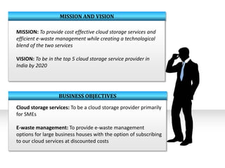 MISSION AND VISION
MISSION: To provide cost effective cloud storage services and
efficient e-waste management while creating a technological
blend of the two services
VISION: To be in the top 5 cloud storage service provider in
India by 2020

BUSINESS OBJECTIVES
Cloud storage services: To be a cloud storage provider primarily
for SMEs
E-waste management: To provide e-waste management
options for large business houses with the option of subscribing
to our cloud services at discounted costs

 
