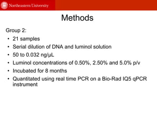Methods  Group 2: 21 samples Serial dilution of DNA and luminol solution 50 to 0.032 ng/µL  Luminol concentrations of 0.50%, 2.50% and 5.0% p/v  Incubated for 8 months Quantitated using real time PCR on a Bio-Rad IQ5 qPCR instrument 