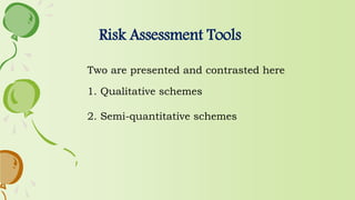 Risk Assessment Tools
Two are presented and contrasted here
1. Qualitative schemes
2. Semi-quantitative schemes
 