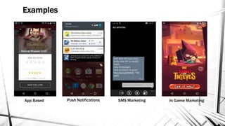Examples
App Based Push Notifications SMS Marketing In Game Marketing
 