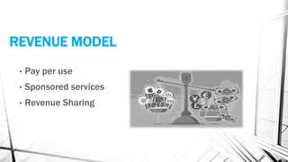 REVENUE MODEL
• Pay per use
• Sponsored services
• Revenue Sharing
 