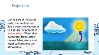 During part of the water
cycle, the sun heats up
liquid water and changes it
to a gas by the process of
evaporation. Water that
evaporates from Earth’s
oceans, lakes, rivers, and
moist soil rises into the
atmosphere.
Evaporation
 
