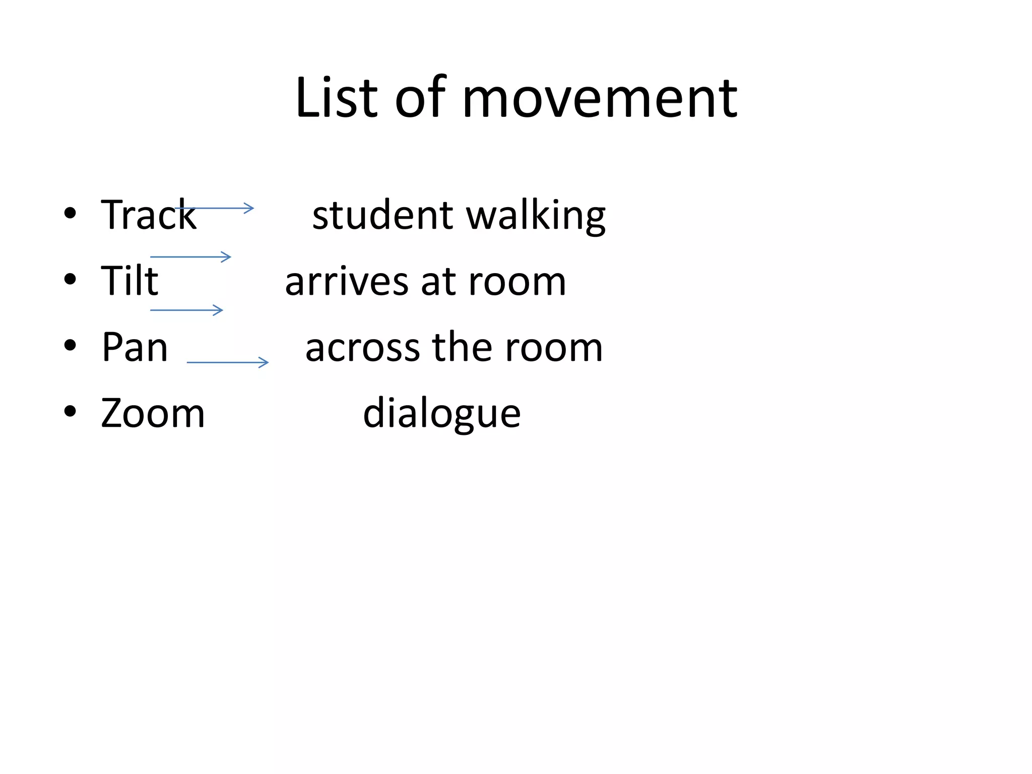 List of movement
•   Track    student walking
•   Tilt    arrives at room
•   Pan      across the room
•   Zoom         dialogue
 