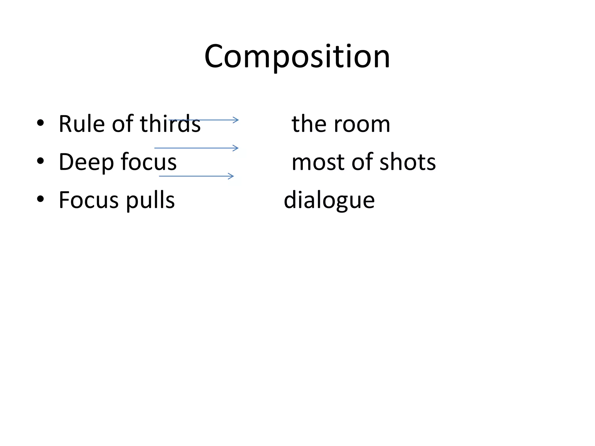 Composition
• Rule of thirds        the room
• Deep focus            most of shots
• Focus pulls          dialogue
 
