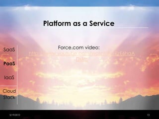 Platform as a ServiceSaaSPaaSIaaSCloudStackForce.com video: http://www.youtube.com/watch?v=EzE6haADxRc4/15/201013