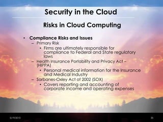 Security in the CloudRisks in Cloud ComputingStandards RiskStandards do not yet existCSA, NIST AICPA and DTMF developing a set of standards for Cloud ComputingStandards will apply to security, operational auditing and compliance4/15/201032