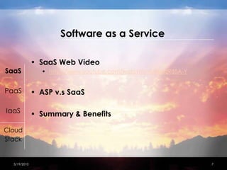 Software as a ServiceSaaS Web Videohttp://www.youtube.com/watch?v=MHxUzR88A-YASP v.sSaaSSummary & Benefits4/15/20107SaaSPaaSIaaSCloudStack