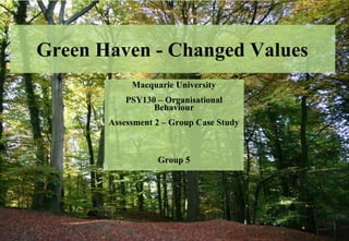 Green Haven - Changed Values
Macquarie University
PSY130 – Organisational
Behaviour
Assessment 2 – Group Case Study
Group 5
 
