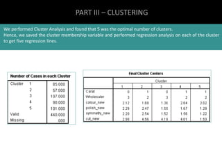 PART III – CLUSTERING 
We performed Cluster Analysis and found that 5 was the optimal number of clusters. 
Hence, we saved the cluster membership variable and performed regression analysis on each of the cluster 
to get five regression lines. 
 