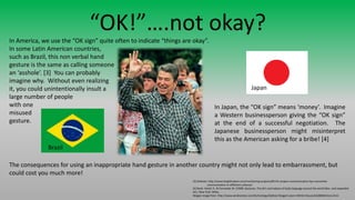 “OK!”….not okay?
In America, we use the “OK sign” quite often to indicate “things are okay”.
In some Latin American countries,
such as Brazil, this non verbal hand
gesture is the same as calling someone
an ‘asshole’. [3] You can probably
imagine why. Without even realizing
it, you could unintentionally insult a
large number of people
with one
misused
gesture.
In Japan, the “OK sign” means ‘money’. Imagine
a Western businessperson giving the “OK sign”
at the end of a successful negotiation. The
Japanese businessperson might misinterpret
this as the American asking for a bribe! [4]
The consequences for using an inappropriate hand gesture in another country might not only lead to embarrassment, but
could cost you much more!
[3] Website: http://www.brighthubpm.com/monitoring-projects/85141-project-communication-tips-nonverbal-
communication-in-different-cultures/
[4] Book: Axtell, R., & Fornwald, M. (1998). Gestures: The do's and taboos of body language around the world (Rev. and expanded
ed.). New York: Wiley.
Reagan image from http://www.windsorstar.com/technology/Gallery+Reagan+years+White+House/4228004/story.html
Brazil
Japan
 