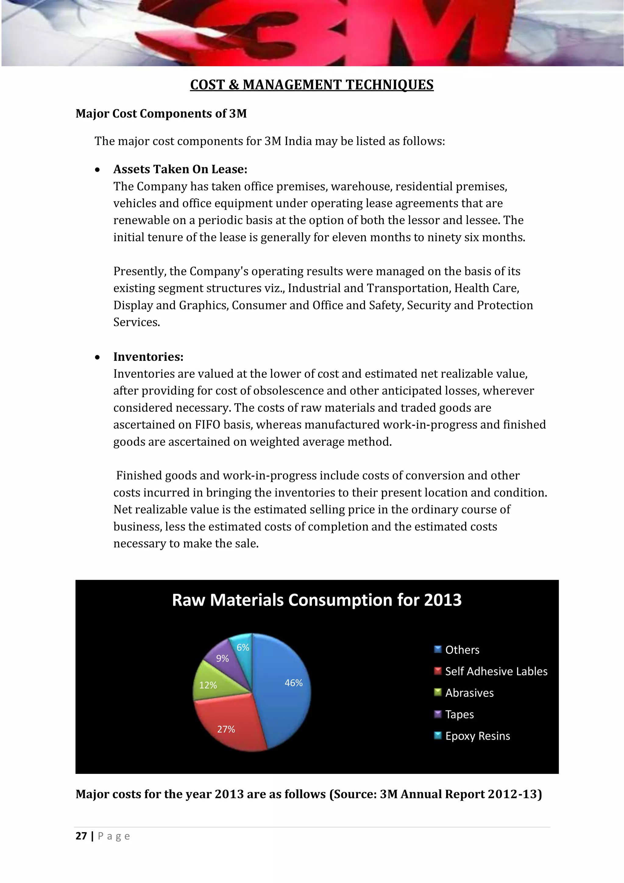COST & MANAGEMENT TECHNIQUES
Major Cost Components of 3M
The major cost components for 3M India may be listed as follows:


Assets Taken On Lease:
The Company has taken office premises, warehouse, residential premises,
vehicles and office equipment under operating lease agreements that are
renewable on a periodic basis at the option of both the lessor and lessee. The
initial tenure of the lease is generally for eleven months to ninety six months.
Presently, the Company's operating results were managed on the basis of its
existing segment structures viz., Industrial and Transportation, Health Care,
Display and Graphics, Consumer and Office and Safety, Security and Protection
Services.



Inventories:
Inventories are valued at the lower of cost and estimated net realizable value,
after providing for cost of obsolescence and other anticipated losses, wherever
considered necessary. The costs of raw materials and traded goods are
ascertained on FIFO basis, whereas manufactured work-in-progress and finished
goods are ascertained on weighted average method.
Finished goods and work-in-progress include costs of conversion and other
costs incurred in bringing the inventories to their present location and condition.
Net realizable value is the estimated selling price in the ordinary course of
business, less the estimated costs of completion and the estimated costs
necessary to make the sale.

Raw Materials Consumption for 2013
6%

Others

9%
12%

46%

Self Adhesive Lables
Abrasives
Tapes

27%

Epoxy Resins

Major costs for the year 2013 are as follows (Source: 3M Annual Report 2012-13)
27 | P a g e

 