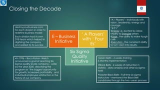 Closing the Decade
E – Business
Initiative
„ A Players‟
with „ Four
Es‟
Six Sigma
Quality
Initiative
destroyyourbusiness.com
for each division in order to
redefine business model
Each division had its own
DYB team which helped in
digitizing the company
and added to its success
“A – Players” - Individuals with
vision , leadership, energy and
courage
“4 E‟s”
•Energy i.e. excited by ideas
•Ability to Energize others
•Edge , the ability to make tough
calls
•Execution , the consistent ability
to turn vision into results.
•In 1996 – Boca Raton- Welch
announced a goal of reaching Six
Sigma quality levels company – wide
by the year 2000, describing the
program as “the biggest opportunity
for growth, increased profitability , and
individual employee satisfaction in the
history of our company
Green Belts - 4 weeks training
5 Months implementation
•Black Belts - 6 weeks of instruction in
statistic , data analysis and other six sigma
tools
•Master Black Belts - Full time six sigma
instructors – mentored the Black Belt
candidates through the two –years process
 