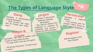 The Types of Language Style
Pidgin &
Creole
Example*: Tok Pisin, a widely used
Creole in Papua New Guinea.
- "Yu stap orait?" (Are you all right?)
- "Mi laik go long taun." (I want to go
to town.)
Slang
Example: A conversation
among teenagers.
- "That concert last night
was lit! Totally epic vibes,
man."
Jargon
Example : A discussion
between software
developers.
- "We need to refactor this
codebase to improve its
scalability and ensure it
follows the DRY principle."
Vernacular
Example: A regional
dialect.
- "Y'all coming over for
supper? We’re fixing to
have a big ol' barbecue."
Register
Will be explain in the
next chapter.
 