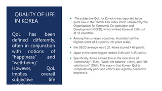 QUALITY OF LIFE
IN KOREA
 The subjective QoL for Koreans was reported to be
quite low in the “Better Life Index 2020” released by the
Organization for Economic Co-operation and
Development (OECD), which ranked Korea at 29th out
of 35 countries.
 Among the surveyed countries, Australia had the
highest score of 8.4 points (10-point scale),
 the OECD average was 6.02. Korea scored 4.69 points.
 Japan in the same region ranked 25th with 5.35 points.
 Specifically, Korea ranked low in the indicators of
“community” (35th), “work–life balance” (34th), and “life
satisfaction” (29th). This means that Korean QoL is
comparatively poor and efforts are urgently needed to
improve it.
QoL has been
defined differently,
often in conjunction
with notions of
“happiness” and
“well-being”.
However, QoL
implies overall
subjective life
satisfaction.
 