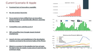 Current Scenario @ Apple
 Prominent lack of innovative capability.
 No new product launches
 Focus seems to have shifted from an innovation-
based model to an operationally efficient, assembly
line like model.
 Competitors now catching up to it,
 Stiff competition from Google-based Android
smartphones
 Launch of a low-cost smartphone in the developing
markets can lead to the revival of sales of the iPhone,
 iWatch is a product in the pipeline but has not seen
the light of day for nearly 2 years since it went into the
prototype stage.
 