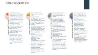 History of Apple Inc.
InceptionStage(1976-1984)
Jobs & Wozniak got
together and set up Apple
Wozniak designed Apple 1
and 2 while Jobs became
the figurehead due to his
acute marketing acumen
Jerry Mancock came on
board as the exterior box
designer for Apple
Apple 3 launched in
1980, but turned out to be
a failure due to design
defects in 1983
Apple launched its IPO in
1980, the biggest since
Ford IPO in 1956
Jobs showcased the 1st
working model of a GUI
GUI-based Lisa and Mac
developed and launched
Mac Office launched
creating a complementor
to Mac leading to huge
sales
Jobs-lessApple(1984-1997)
Jobs had brought in
Sculley from PepsiCo in
1983
Sculley was the
protagonist in Jobs’ ouster
from Apple in 1984
following a Board decision
Jobs sold all his 605 million
shares in Apple less 1, as
protest
Macintosh was developed
into a fully-fledged
product line and 1989-1991
was hailed as the golden
age of the Macintosh due
to stranglehold on the PC
market
IBM emerged as the
biggest competitor to
Apple and in
retaliation, Apple
launched
undifferentiated, commodi
tized products losing out
on its brand equity.
Apple was voted the worst
managed company
Apple licensed its
Macintosh OS leading to
flooding of clones and
further damage to Apple’s
identity
AppleRisestothetop(1997-201011)
Jobs returned to Apple as
the interim CEO after
Apple acquired NeXT in
1996/97
The company was
floundering and was
staring at bankruptcy
around this time with an
overburdened product
portfolio of
undifferentiated
commoditized products
Jobs came back and de-
licensed the Mac OS on
the back of a loophole in
the contract
NeXT provided the
Launchpad for the
redesign and
development of the brand
new Mac OS
Jobs convinced Microsoft
to invest in Apple
@$150million and a 5 year
commitment to develop
the Office Suite for Apple
Apple launched the iMac,
iBook, iPod, iTunes, iPhone
and the iPad over the next
13 years
PostJobsEra,Apple(2011-Present)
Jobs resigned as Apple
CEO in August, 2011
Tim Cook officially took
over after Jobs’ death in
October
Thus ended Apple’s
existence as the pioneer
when it came to
passionate product
development and
arrogant marketing
techniques
Since, then Apple has
been on a slow and
steady decline with share
price erosion and a lack of
innovation plaguing the
company
Samsung has emerged as
the biggest threat to
Apple and has been
capturing the market from
Apple quite rapidly over
the last 2 years
 