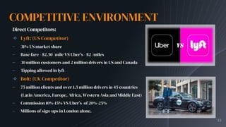 COMPETITIVE ENVIRONMENT
Direct Competitors:
✧ Lyft: (US Competitor)
– 31% US market share
– Base fare - $2.50 /mile VS Uber’s - $2 /miles
– 30 million customers and 2 million drivers in US and Canada
– Tipping allowed in lyft
✧ Bolt: (UK Competitor)
– 75 million clients and over 1.5 million drivers in 45 countries
(Latin America, Europe, Africa, Western Asia and Middle East)
– Commission 10%-15% VS Uber’s of 20%-25%
– Millions of sign-ups in London alone.
13
 