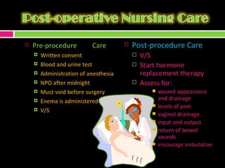 Post-procedure Care V/S Start hormone replacement therapy Assess for: wound appearance and drainage levels of pain vaginal drainage input and output return of bowel sounds encourage ambulation  Pre-procedure Care Written consent Blood and urine test Administration of anesthesia NPO after midnight Must void before surgery Enema is administered V/S 