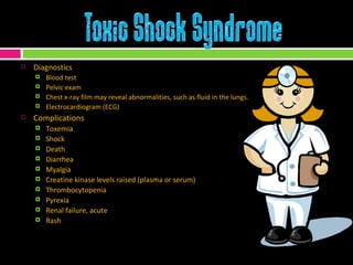 Diagnostics Blood test Pelvic exam Chest x-ray film may reveal abnormalities, such as fluid in the lungs. Electrocardiogram (ECG)  Complications Toxemia  Shock  Death  Diarrhea  Myalgia  Creatine kinase levels raised (plasma or serum)  Thrombocytopenia  Pyrexia  Renal failure, acute  Rash  