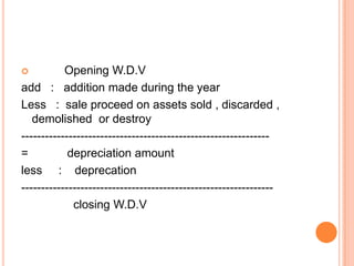           Opening W.D.V
add : addition made during the year
Less : sale proceed on assets sold , discarded ,
   demolished or destroy
---------------------------------------------------------------
=           depreciation amount
less : deprecation
----------------------------------------------------------------
             closing W.D.V
 